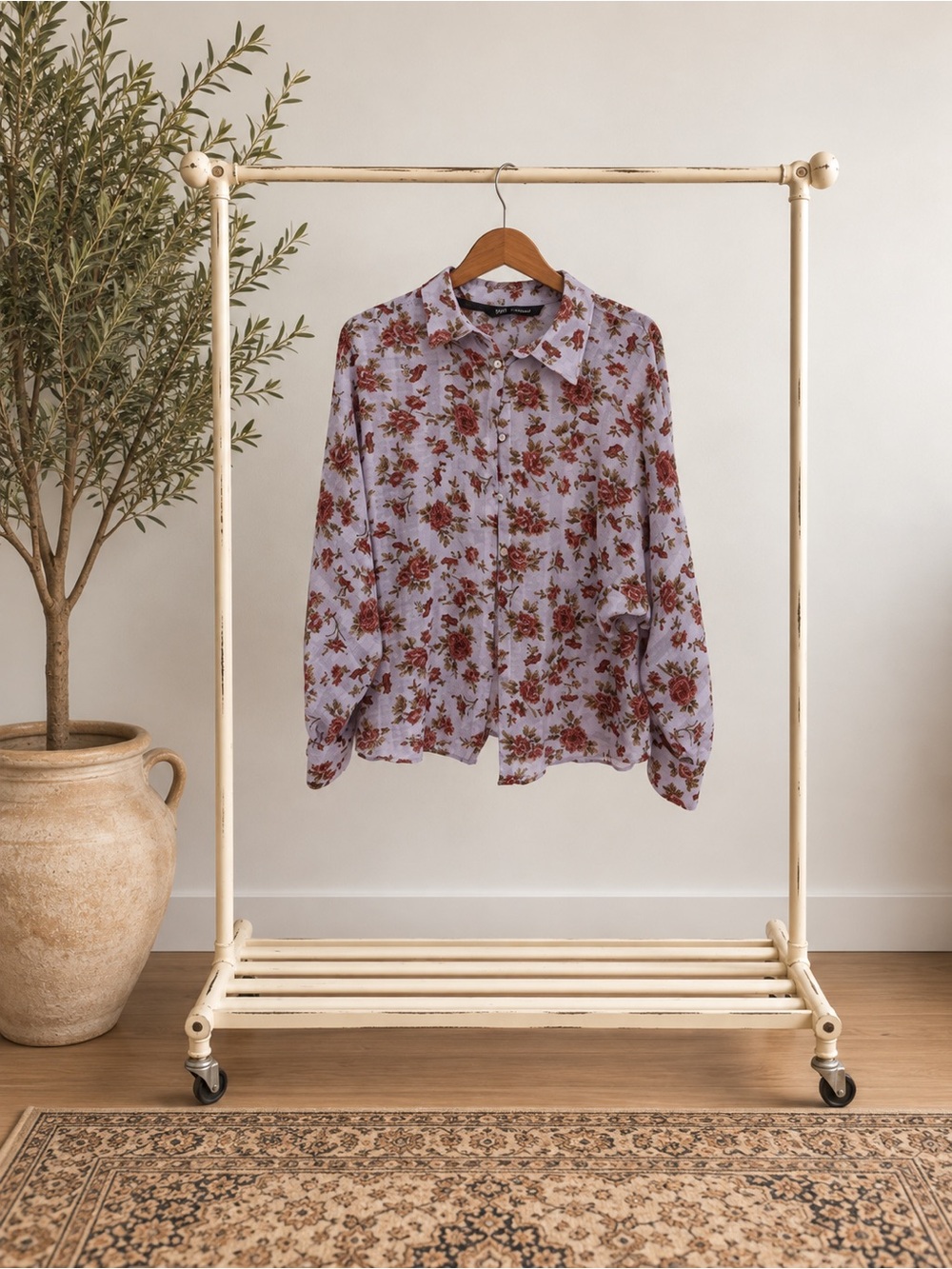 Lavender Floral Button-Up Blouse with Rose Print